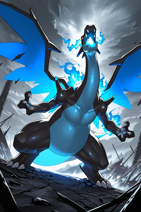 masterpiece, best quality,   <lora:CharizardPokedexIXL:1.0>,   Charizard, no humans, solo,   mega charizard x, glowing blue flames, dynamic battle pose, swirling fiery aura, roaring fiercely, stormy sky, destroyed battlefield, intense action, cinematic lighting, epic and vibrant