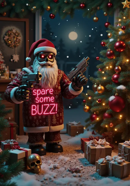 ((festive Christmas scene)) of holding a sign written "spare some BUZZ!" in glowing neon letters in a messy room, ((wearing holiday-themed winter coat)), ((with magical sleigh filled with gifts)), ((surrounded by handmade paper snowflakes)), in burgundy and gold colors, ((holiday spirit)), ((Christmas magic)), in ((a magical enchanted winter forest)), ((illuminated by sparkly tinsel shine)), with ((beautiful crisp winter evening)), ((holiday atmosphere)), ((Christmas decorations)), ((winter wonderland)), ((traditional Christmas artwork)), ((festive holiday style)), ((professional photography)), ((perfect composition)), ((holiday color palette)), ((seasonal charm)), ((Christmas card quality)), ((warm holiday atmosphere)), 8k resolution, ((masterful lighting)), with ((magical Christmas glow)), ((soft winter light)), ((twinkling holiday lights)), ((gentle snow effects)), ((warm festive atmosphere)), ((seasonal magic)), ((Christmas sparkle)), ((cozy holiday ambiance)), high quality, ultra detailed,, uglyswe4ter, A festive holiday sweater, T800_Endo, Terminator robot, a T800_Endo Terminator Robot with red eyes, he is made of metal, holding a futuristic gun, holding two futuristic guns, black background, white background, standing, standing in flames, fight stance, in a destroyed apocalyptic city, dark skies, dark cloudy skies, at night, Apocalyptic Landscape, destroyed city, with skulls covering the ground, destroyed battlefield, Aerial HK Terminator aircrafts flying in the skies, Fire, Fire and smoke, smoke and fog, aiming at the viewer, charred embers floating in the air, dark smokey background, sparks explosion in background, energy projectile, front view, from the side, slightly from the side, from below, from above, close-up shot, upper body shot, three-quarters body shot, full body shot, source_3d, source_ActionFigure, source_DigitalArt, source_IRL, source_Movie, source_Statue, bo-christmas, chr1stm4st1m3   Christmas time<lora:flux\T800_Endo_Terminator_Flux_v1.safetensors:0.41000000000000003:0.41000000000000003> <lora:flux\christmas\Ugly_Sweater_Knitter-000013.safetensors:0.98:0.98> <lora:flux\christmas\boFLUX Christmas Dreams.safetensors:0.75:0.75> <lora:flux\christmas\Christmas time - s0_8 g4.safetensors:0.47000000000000003:0.47000000000000003>