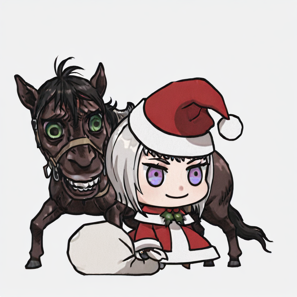 <lora:Padoru_IL:1> Padorumeme, santa_dress, chibi, holding_sack, santa_hat, smile, <lora:Friendly-Horse-IL-V1.0:1> Berserk-Friendly-Horse-IL-V1.0, horse, monster,