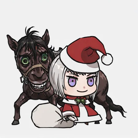 <lora:Padoru_IL:1> Padorumeme, santa_dress, chibi, holding_sack, santa_hat, smile, <lora:Friendly-Horse-IL-V1.0:1> Berserk-Friendly-Horse-IL-V1.0, horse, monster,