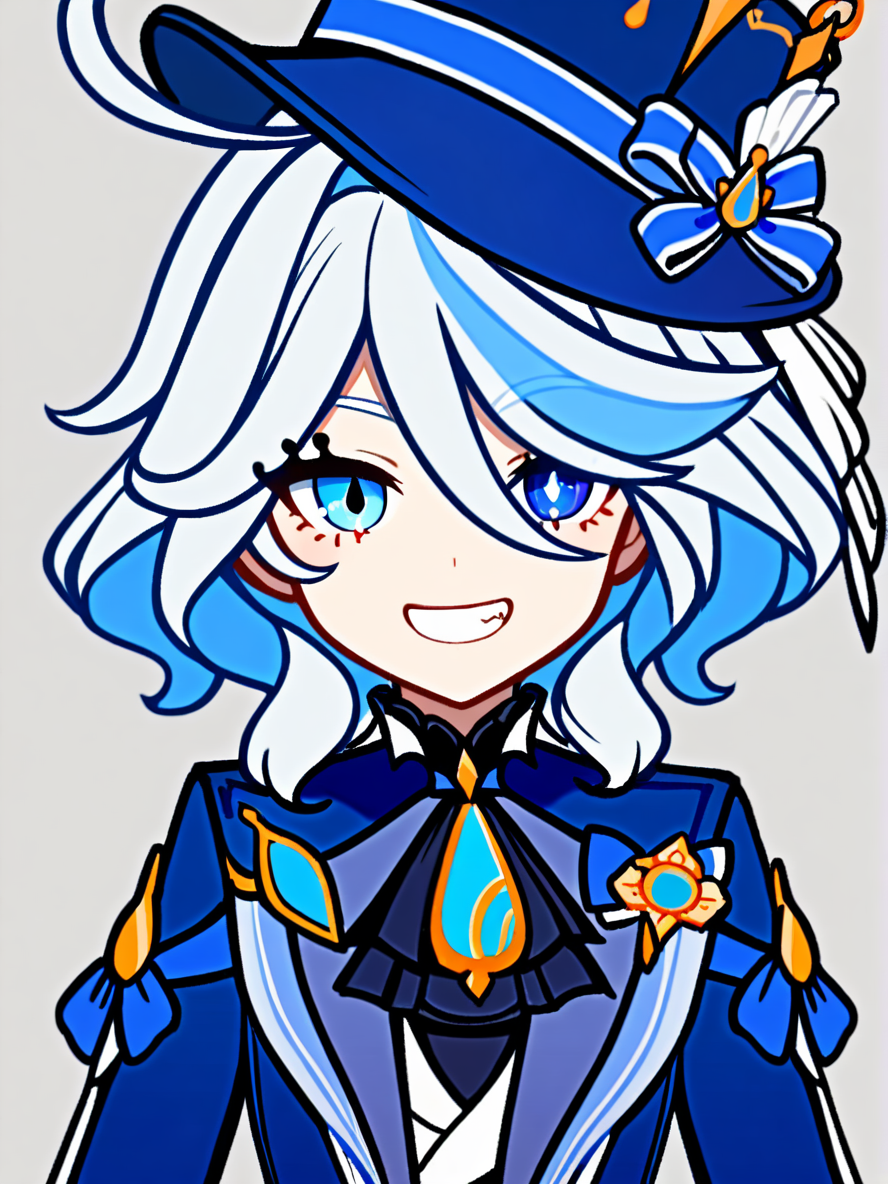 1girl, 
furina \(genshin impact\),  
solo, ahoge, hair intakes, streaked hair, simple background, blue jacket, blue hat, looking at viewer, grey background, smile, blue eyes, top hat, upper body, multicolored hair, grin, hat, blue hair, jacket, 
  safe
 <lora:mki-ani31-GenshinPV-v2-000012:1>