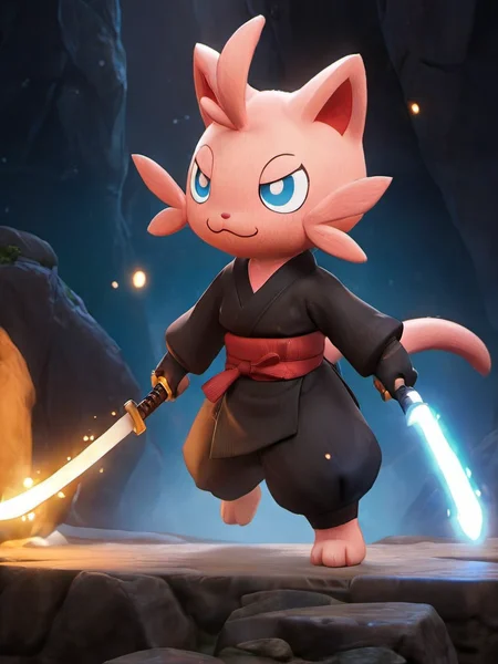 masterpiece, best quality, palworld-cat, upper body,
holding sword, japanese clothes, embers, glowing, hakama, Jump up and swing the pickaxe,
1girl, Concept art, horizontal scenes, horizontal line composition, no humans, scenery, water, crystal, night
<lora:palworld_cat_lora-000014:0.6>
