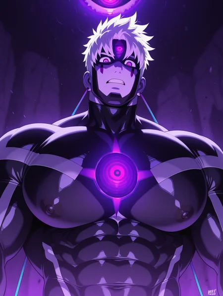 masterpiece, best quality, amazing quality, 1 boy, male focus, bara, huge pecs, Evil eye, white hair, facial mark