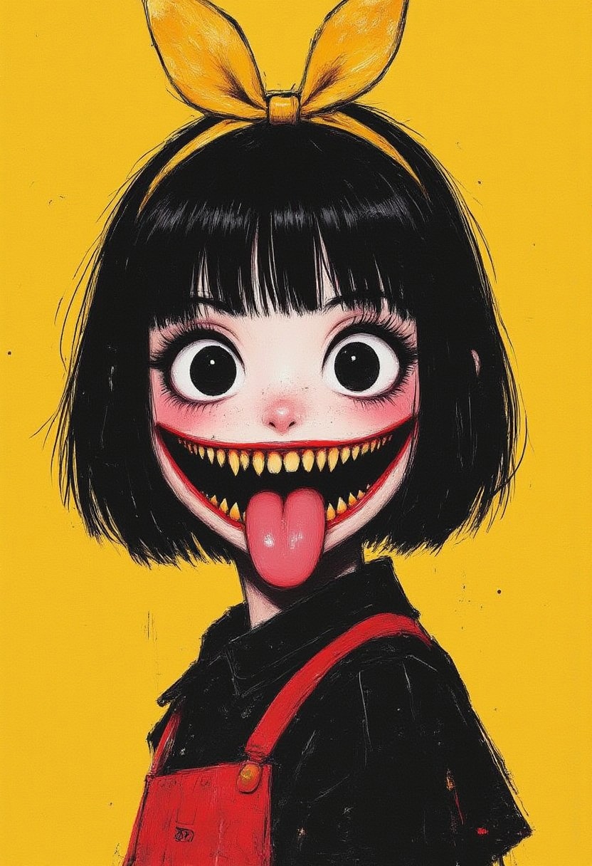 portrait, masterpiece, 4k, ray tracing, intricate details, highly-detailed, hyper-realistic, 8k RAW Editorial Photo. 1girl, solo, a giant scary smile and a very long tongue sticking out, the tongue hanging below the chin, blush, short hair, simple background, shirt, black hair, dress, bow, closed mouth, upper body, hair bow, hairband, blunt bangs, black dress, black eyes, black shirt, looking to the side, bob cut, yellow background, yellow bow, pinafore dress, yellow hairband, Flatline, cinematic light, dramatic light, shallow depth of field, high budget, bokeh, cinemascope, film grain, d3press1on, aidmamj6.1