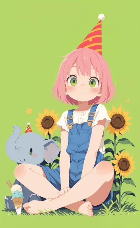 masterpiece,best quality,amazing quality, 1girl, solo, looking at viewer, blush, short hair, dress, hat, sitting, green eyes, flower, food, pink hair, barefoot, star \(symbol\), bare legs, grass, yellow flower, ice cream, sunflower, overalls, indian style, field, flower field, ice cream cone, bear, party hat, elephant, green background, simple background, haiz_ai, no lineart,no outline,
negative space <lora:ponyv6_noobE11_2_adamW-000017:0.3> <lora:MeMaXL4:0.8> <lora:negative-space:0.8> <lora:veluflora-wai:0.4> <lora:haiz_ai_illu:0.7>