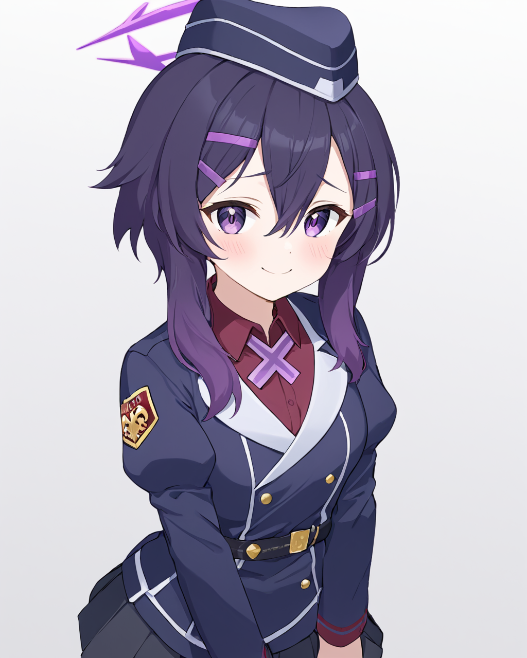 haruka \(blue archive\),1girl, hairclip, solo, garrison_cap, halo, white_background, blush, looking_at_viewer, simple_background, red_shirt, juliet_sleeves, pleated_skirt, heart, smile, purple_jacket, military, military_uniform, collared_shirt, closed_mouth, purple_headwear
<lora:haruka_(blue_archive)_image830_2023-11-26-000015:1>halo. gorgeous,key visual, vibrant, studio anime,award-winning, professional, highly detailed,high budget, cinemascope