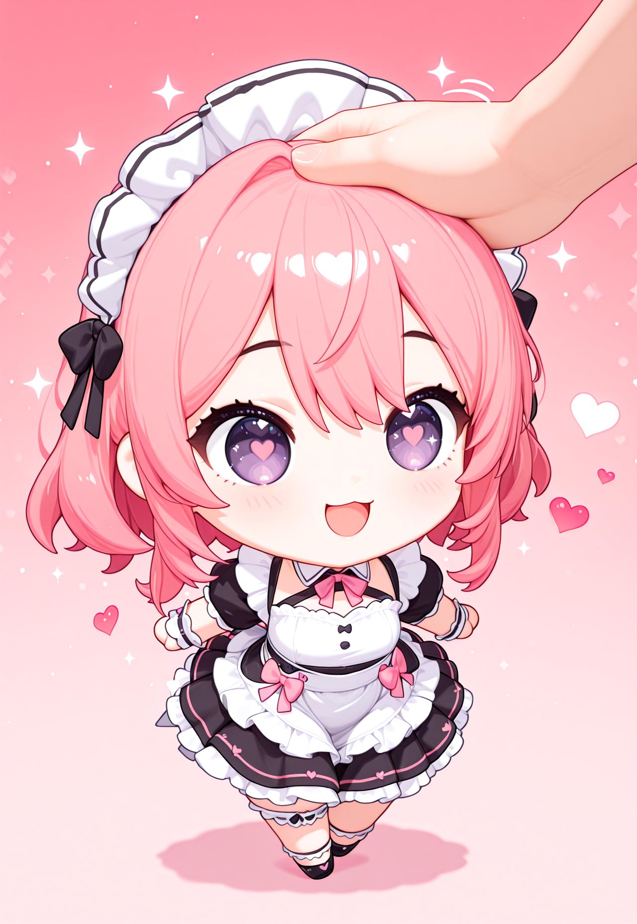 masterwork, masterpiece, best quality, hyper-detailed, 8k uhd, 1girl,solo, CivChan, pink hair, purple eyes, maid, (hearts, sparkles:1.5), pink background, :D, quality: masterpiece, extremely aesthetic, highly detailed, Chb3Hi3, (chibi:1.5), 3d, headpat