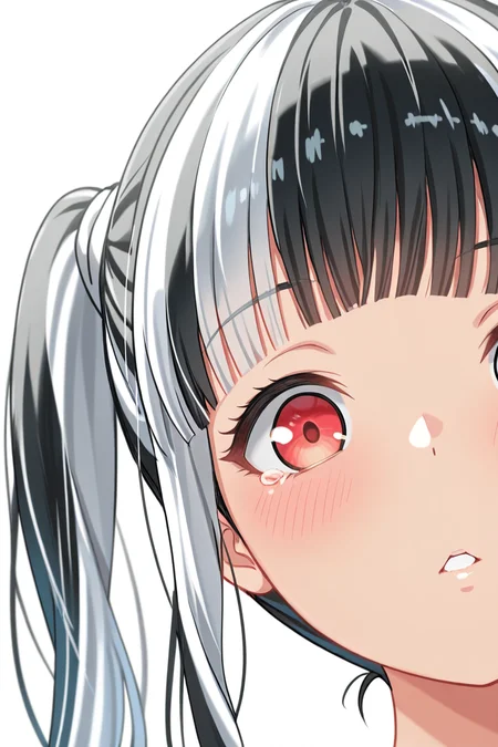 masterpiece, best quality, amazing quality,
<lora:PAREO_IL:1> pareo, 1girl, solo, black hair, multicolored hair, white hair, red eyes, white background, bangs, looking at viewer, blush, simple background, two-tone hair, portrait, blunt bangs, twintails, parted lips, close-up, onstagesk