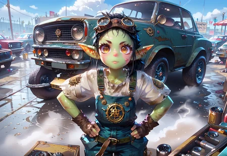 score_9, score_8_up, goblin female, green skin, black hair, s3m1sh4v3d, pony tail, yellow eyes, cat eyes, elf ears, shark teeth, 1girl, Goblin, dirty,
eyesHD, high gradient eyes, detailed eyes, high definition eyes, NEGATIVE_HANDS,
overalls, tool belt,
steam punk, G4rage, steampunk car,
BREAK (standing, hands on hips, pov from above)