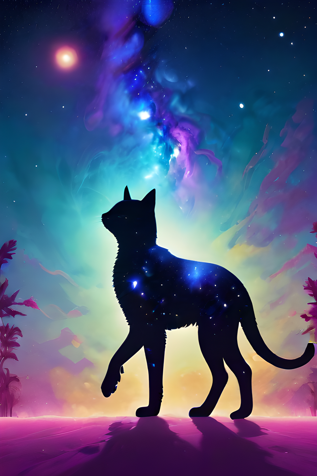 score_9,score_8_up,<lora:Turbo_XL:1>,<lora:inner_galaxy-05:1>,inner_galaxy,
silhouette,
space background,
cat,side view,walking, 
(cosmic,stars,celestial,galaxies,nebulas,planets,science fiction,highly detailed:1),