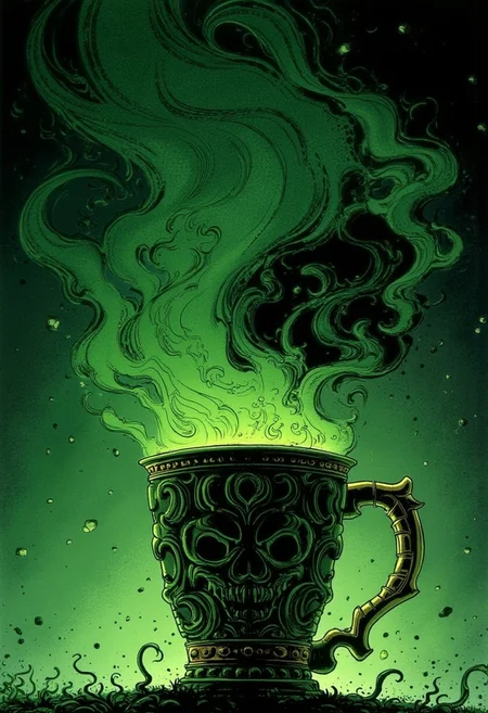 Illustration by Jean-Claude Mézières, chiaroscuro, play of shadow and light, A surreal and elegant image featuring a poisonous green beer mugs with gold accents, from which steam rises to form the detailed and graceful silhouette of a woman's skulls. The woman's flowing hair merges seamlessly into the steam, with green shades highlighting the strands. The background is a gloomy green tones, green color that enhances the contrast and elegance of the cup and steam. The overall atmosphere is gloomy.
