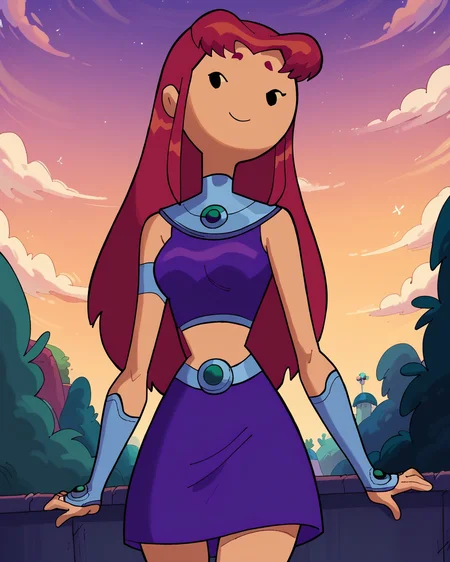 score_9, score_8_up, score_7_up, 1girl, solo, starfire, from teen titans, tan skin, dot eyes, exposed midriff, skirt, smile, dynamic view, dynamic angle, outdoors, adventure time, <lora:Starfire_PonyXL:1>, <lora:Adventure_Time_Style_LORA:1>
