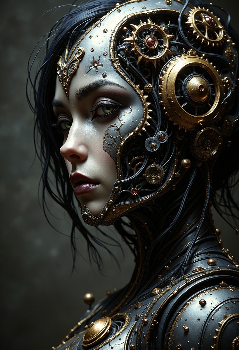 masterpiece, high detail, ArsMJStyle, dnddarkestfantasy, masterpiece, stunning oriental robot woman, made of clockwork cogs, wires and cables, abstract, fractal art. highest definition, HD32K, wallpaper, hyperdetailed, concept art, extreme closeup, side profile
