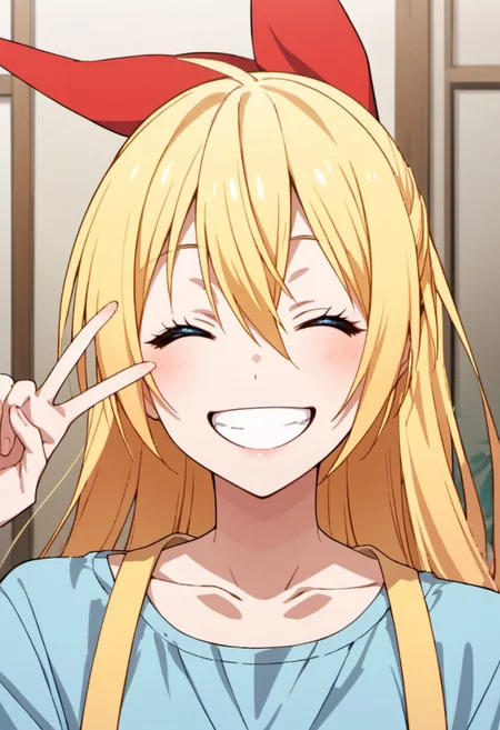 score_9, score_8_up, score_7_up, source_anime,chitoge kirisaki, blonde hair, long hair, blue eyes, 1girl, solo, closed eyes, smile, v, grin, collarbone, ribbon, hair between eyes, red ribbon, hair ribbon