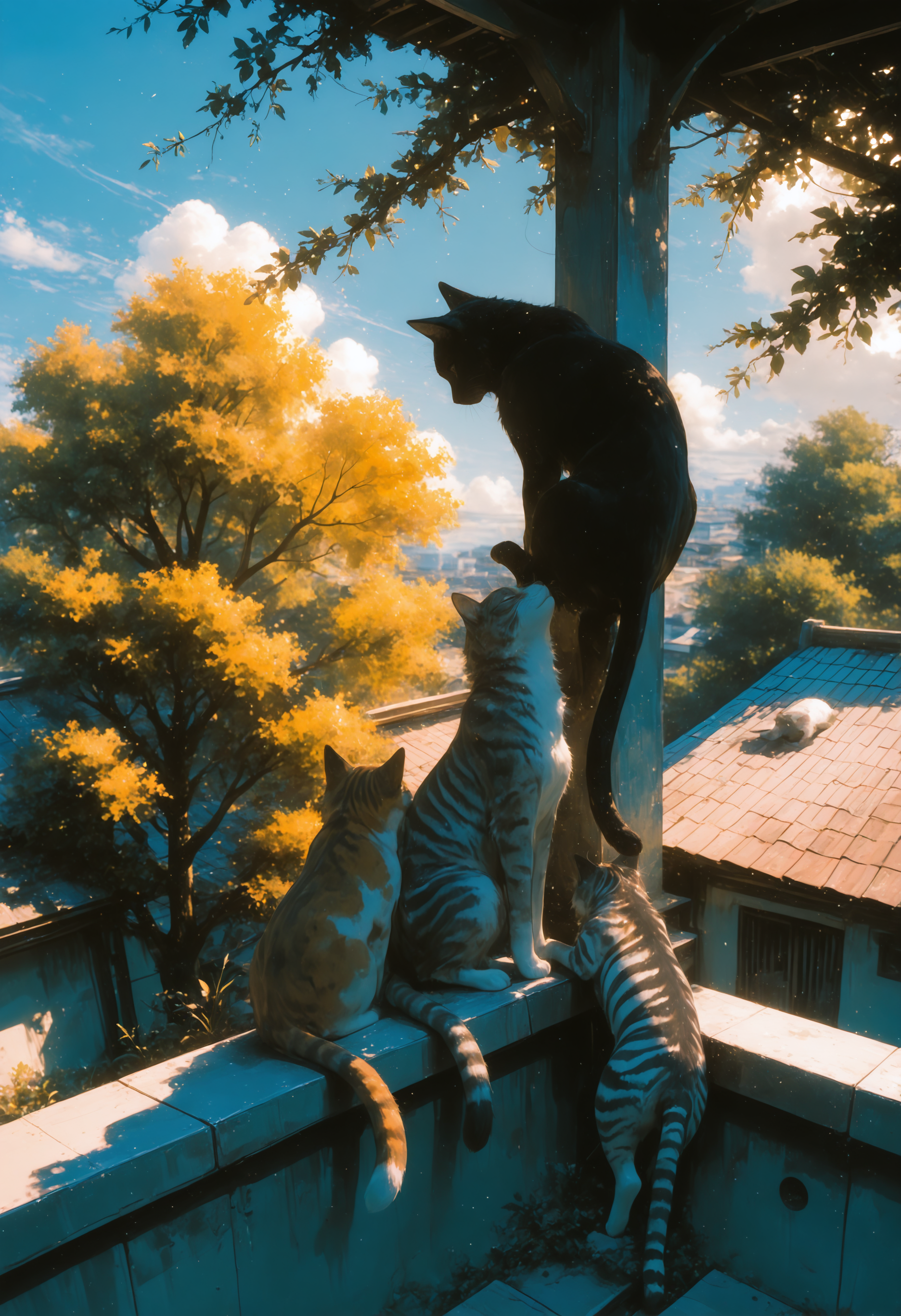 multiple cats, domestic cat, four cats, orange tabby cat, calico cat, black tabby cat, white tabby cat, striped kitten, on rooftop, sitting in a row, back view, tail hanging down, tail down, sunny day, soft shadows, warm lighting, vibrant colors, slice of life, serene_mood, bluesky, white clouds, urban rooftop, concrete wall, plants in foreground, tree, open air, peaceful afternoon, masterpiece, amazing quality, best quality, scenery, painterly, anime coloring, <lora:None:1.0> <lora:illustriousXLv01_stabilizer_v1.121:0.30000000000000004> <lora:ppw_v7_Illuv1.0:0.5000000000000001> <lora:DetailedEyes_V3:1.0> <lora:Dramatic_Lighting_Slider:1.0000000000000002> <lora:banpaiAkiraOSXL_NBVP1_lokr_V6311P:0.5000000000000001> <lora:748cm_illu:0.4000000000000001> <lora:æ¥å¼å¤å¤aosiai123_style:0.4000000000000001> <lora:fashiongirl-v1-ILXL:0.7000000000000002> <lora:a31_style_koni-000010:0.6000000000000001>