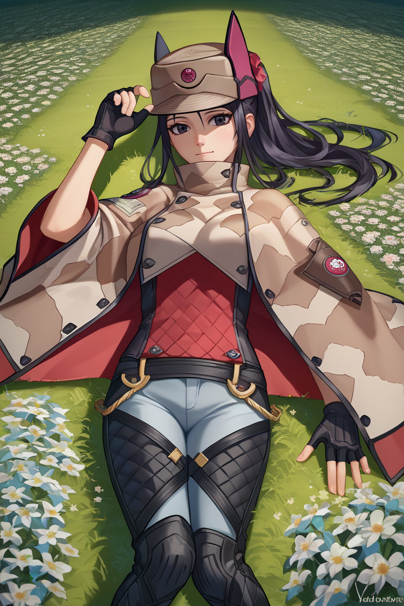 score_9, score_8_up, score_7_up, score_6_up, source_anime, BREAK 1girl, solo, <lora:vc4kai-pdxl-nvwls-v1-000005:1> vc4kai, black hair, black eyes, ponytail, hat, beige jacket, pants, fingerless gloves, boots, lying on back, happy, flowers, flower patch