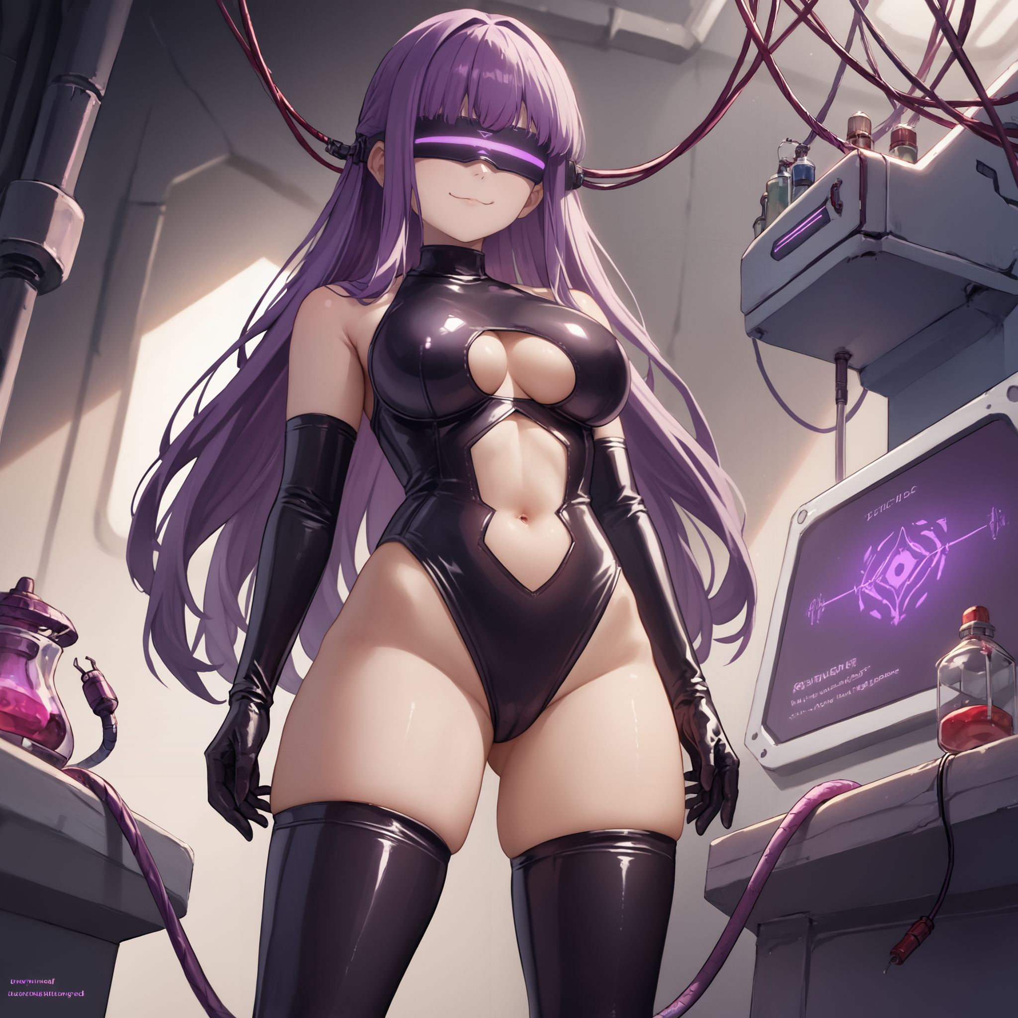 zPDXL, source_anime,
FernFrieren, large breasts, 
evil smile, evil, closed mouth, 
latex princess, stomach cutout, bare shoulders, thighhighs, elbow gloves, 
standing, cowboy shot, evil visor, purple visor, wire visor,
laboratory, 
<lora:latex-princess3-005:0.8> <lora:evil-visor-006:0.6>  <lora:FernFrieren_PD6XL:0.6>