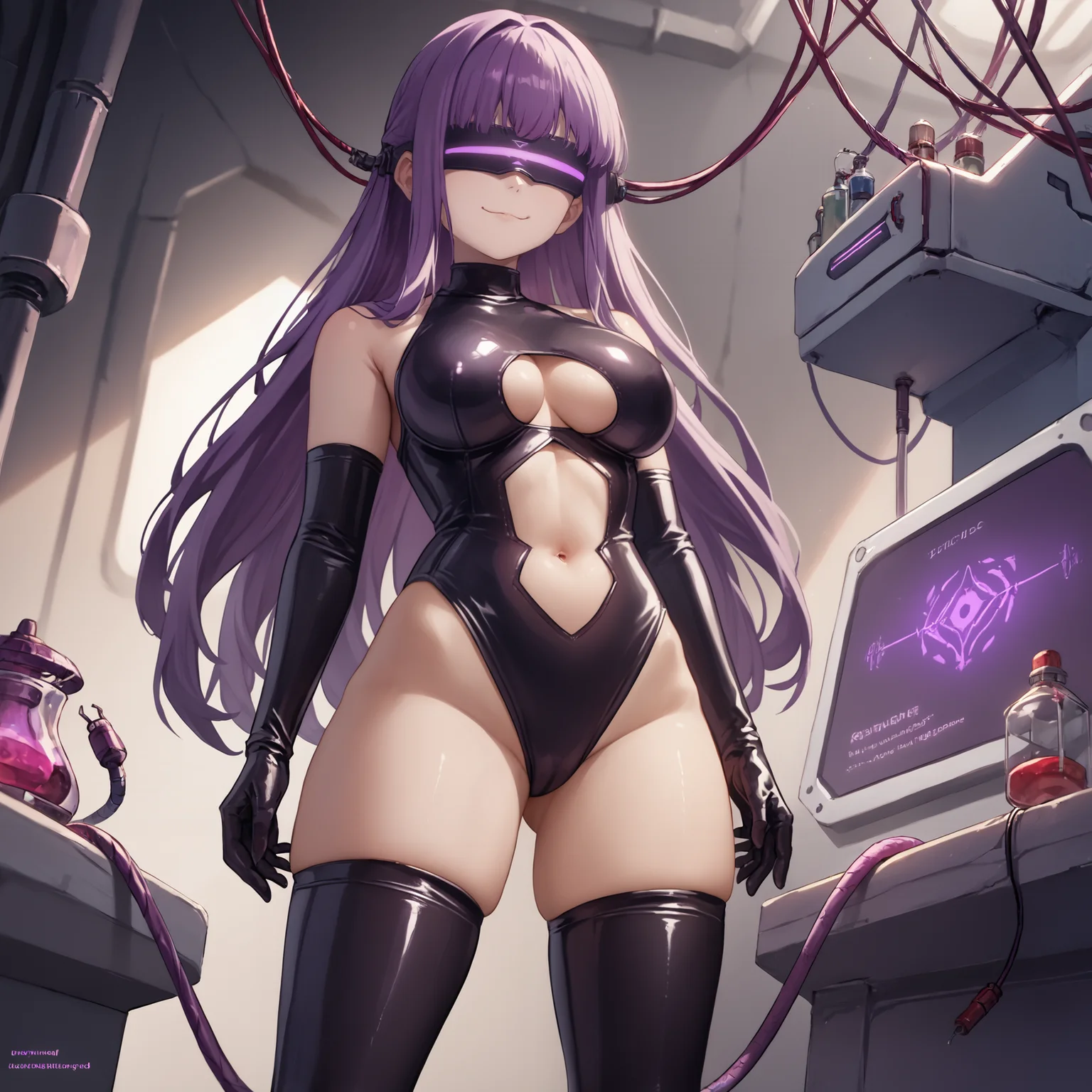 zPDXL, source_anime,
FernFrieren, large breasts, 
evil smile, evil, closed mouth, 
latex princess, stomach cutout, bare shoulders, thighhighs, elbow gloves, 
standing, cowboy shot, evil visor, purple visor, wire visor,
laboratory, 
<lora:latex-princess3-005:0.8> <lora:evil-visor-006:0.6>  <lora:FernFrieren_PD6XL:0.6>