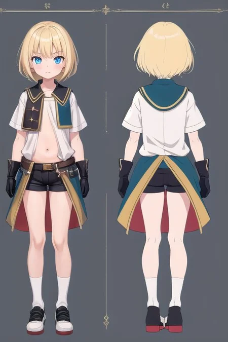 anime, girl, blonde, short hair, short shorts, short white shirt, shoes, gloves, blue eyes, simples, blackground, belly, model sheet, chara-sheet, flat shadows, medieval fantasy,