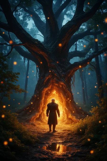 A magnificent, ancient, fire-enchanted tree with a middle-aged, light-skinned male figure, standing reverently in its fiery glow. The man, possibly a warrior, is dressed in dark, medieval-style, dark gray and black clothing. He displays a contemplative, focused pose, his gaze directed towards the fiery heart of the tree. His expression evokes reverence and intense focus, and slight stoicism. Subtle details in his attire suggest intricate craftsmanship and robust, durable fabrics. The tree's roots are deeply rooted in the forest earth, and fiery energy emanates from within its core. Surrounding the tree are glowing fireflies illuminating the dark, moody forest floor. Bright, golden-orange and vibrant, electric blue hues surround the tree, accentuating its majestic aura. The ground is wet with shallow pools reflecting the light, highlighting the forest's serene atmosphere in the mystical night. Shadows are deep and dramatic, contrasting with the intense light emanating from the tree. Nature is rendered in a detailed style, with intricate textures, meticulously portrayed glowing foliage and branches. The overall feel is one of mystical awe and enchanted serenity. The composition is a full shot, featuring a rear perspective view of the man, drawing attention to the magnificent tree. The style suggests fantasy art with a touch of realism, capturing a captivating scene ripe with lore and adventure. Mystical, epic fantasy.
<lora:42lux HighResFix:1> <lora:Flux.1_Turbo_Detailer:1> <lora:flux_realism_lora:1> <lora:lora:1>