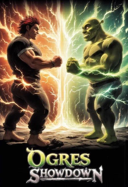 Movie poster of the movie called "Ogres Showdown" in Manga and Anime cartoon style including two characters facing off, standing agains each others. the title "Ogres Showdown" in on top of the poster.
The title "Ogres Showdown" on the top of screen is wrriten in bold, metalic, 3d font. The first character is Yujiro Hanma, muscular warrior with spiky red hair that wears a black sleveless shirt and also black pants, Yujiro stands in the left part of the poster, yujiro smiles in exaggerated expression
Again him in the right part of the poster stands Shrek, they both throw a punch and thier fist meet in the middle of the poster.
On the place where their fists connect appers red lightning auralora, they are looking intro each others eyes.
Shrek opens his mouth in angry roar.
The bacground is painted world.
They both have Perfect hand.
aidmatextimprover