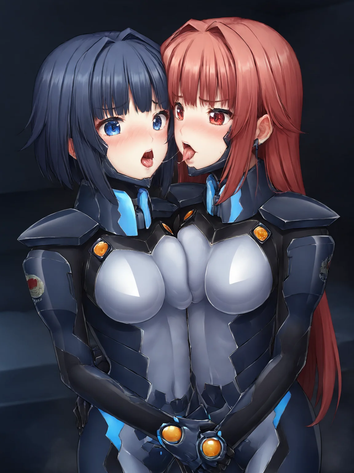score_9, score_8_up, score_7_up, zPDXL, zPDXLpg, <lora:offset_0.2:0.1>, <lora:spo_sdxl_10ep_4k-data_lora_webui:1>, bluetype99fortifiedsuit, fortified suit, pilot suit, armored bodysuit, impossible bodysuit, skin tight, blue bodysuit, shiny clothes, chin guard, headgear, <lora:Type_99_Fortified_Suit__Muv-Luv_Alternative_Chronicles:1.05>, 2girls, full-face blush, embarrassed, indoors, bedroom, bed, (french kiss:1.4), saliva
blue hair, blue eyes, medium hair, hair behind ear, bangs
red hair, red eyes, long hair, hair behind ear, bangs