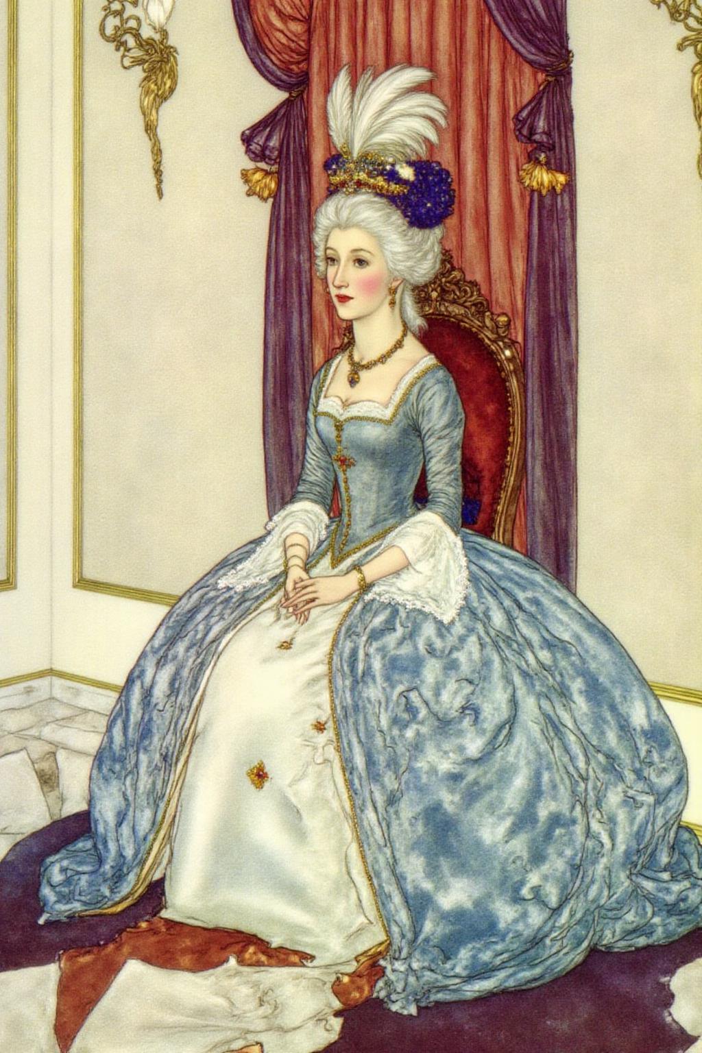 dulac1 illustration. 
A woman dressed in an elaborate, voluminous, blue and white gown with a high waistline, characteristic of the Rococo period. Her gown features intricate embroidery and lace details, with a train that spreads out behind her. She is seated on a plush, ornate chair with a red upholstery, which has a golden frame. The woman's hairstyle is elaborate, adorned with a large, white, feathered headdress.
 <lora:dulac2_cap_d6a3e15:1.0><lora:816511040310377576:0>
