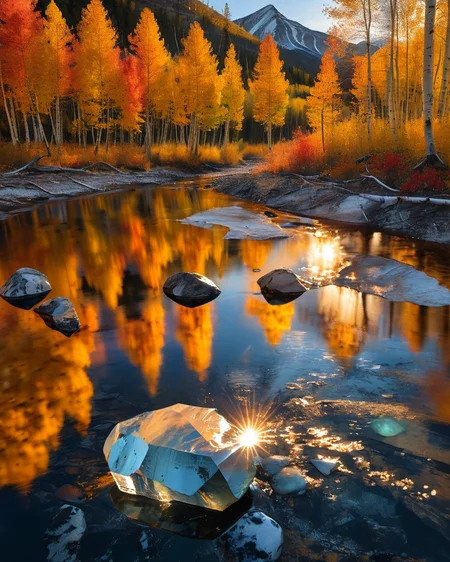 (giant mountain made of a single massive gemstone:1.9), refracted light, whitewater rapids, reflections, birch trees, aspen trees, autumn, sunset hour, intense colors, high contrast, <lora:add-detail-xl:1.0>, <lora:xl_more_art-full_v1:0.4>, <lora:XSfenlie:1> fenliexl, <lora:lora:1>, realistic photo