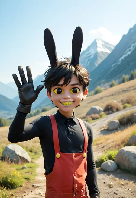 score_9, score_8_up, score_7_up, rating_safe, source_cartoon JaxTADC, solo, gloves, 1boy, animal ears, waving, upper body, portrait, toes, animal ears, rabbit ears, suspenders, chibi:1.9, male focus, human:1.9, black hair, hot black sleeveless shirt, pants, hot black gloves, yellow sclera, colored sclera, Hot Black eyes, yellow teeth, rabbit feet, Hot Black cornea, bangs, mountaintop