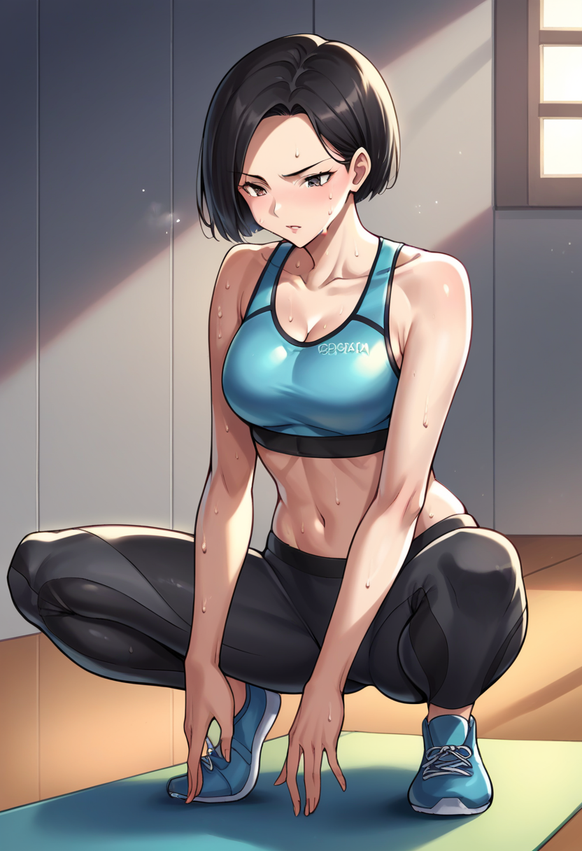 score_9, score_8_up, score_7_up, source_anime BREAK 1girl, solo,   <lora:zs_HiraguchiXL:1> hiraguchip5, short hair, black hair, sports bra, yoga pants, midriff, sweating, squatting,