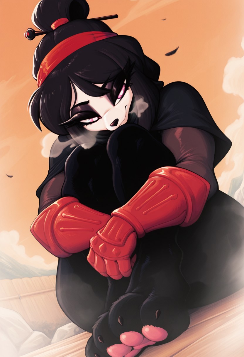 juggertuul,  outdoors, undershirt, falling feathers, black bodysuit, hair stick, hugging own legs, , gauntlets,   eyeshadow,   red gloves, black capelet, red hairband, pink eyes, medium hair, black hair, 1girl, solo,  dynamic angle, foreshortening, furry, furry female, anthro, paws, claws, pawpads, steam, smell, visible, breath, onsen, water