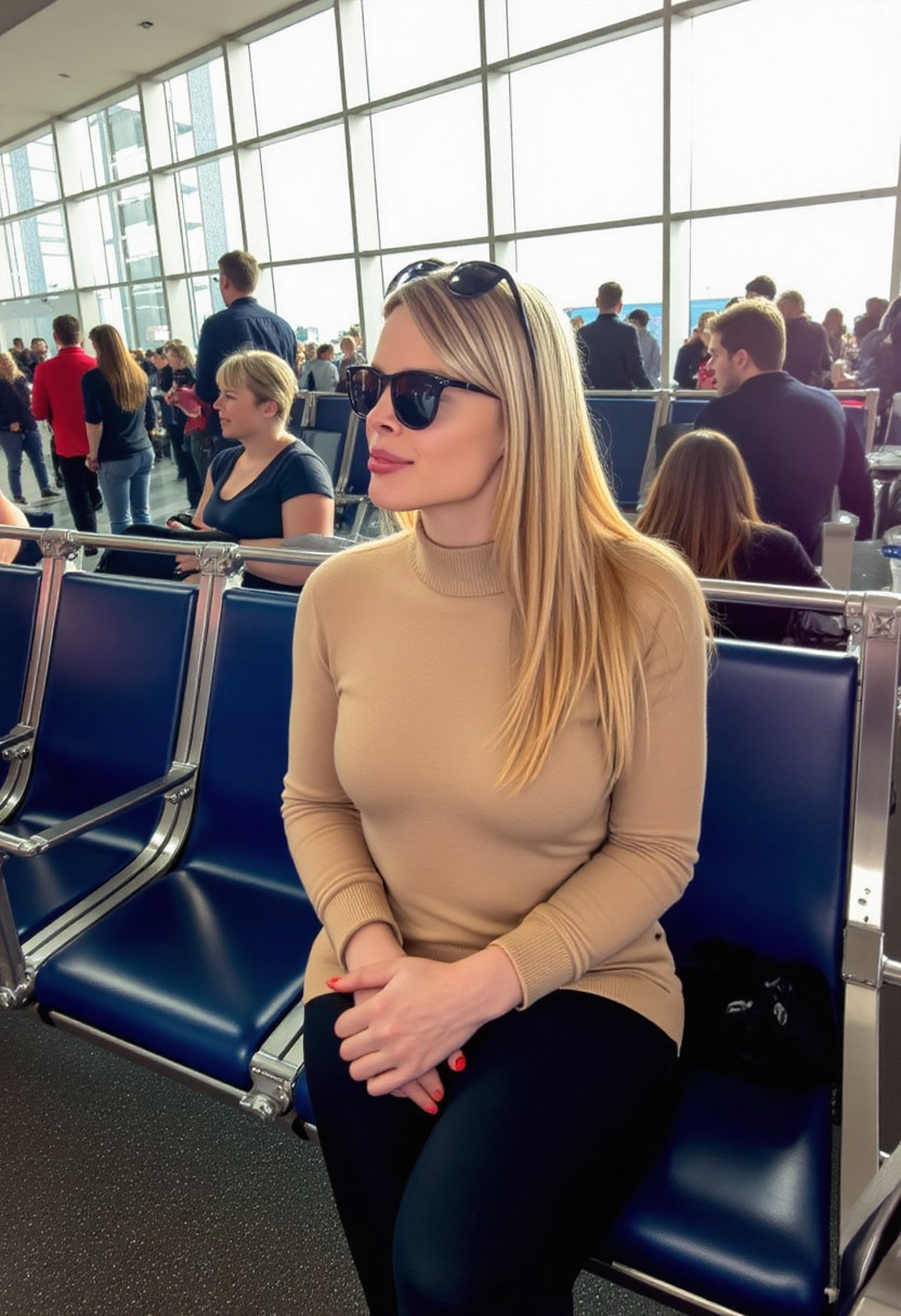 Photo of a gorgeous blonde bimbo sitting in a crowded airport. She is wearing wayfarer sunglasses on her head, a beige turtleneck sweater, and black leggings. She has very straight hair.