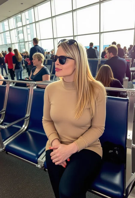 Photo of a gorgeous blonde bimbo sitting in a crowded airport. She is wearing wayfarer sunglasses on her head, a beige turtleneck sweater, and black leggings. She has very straight hair.