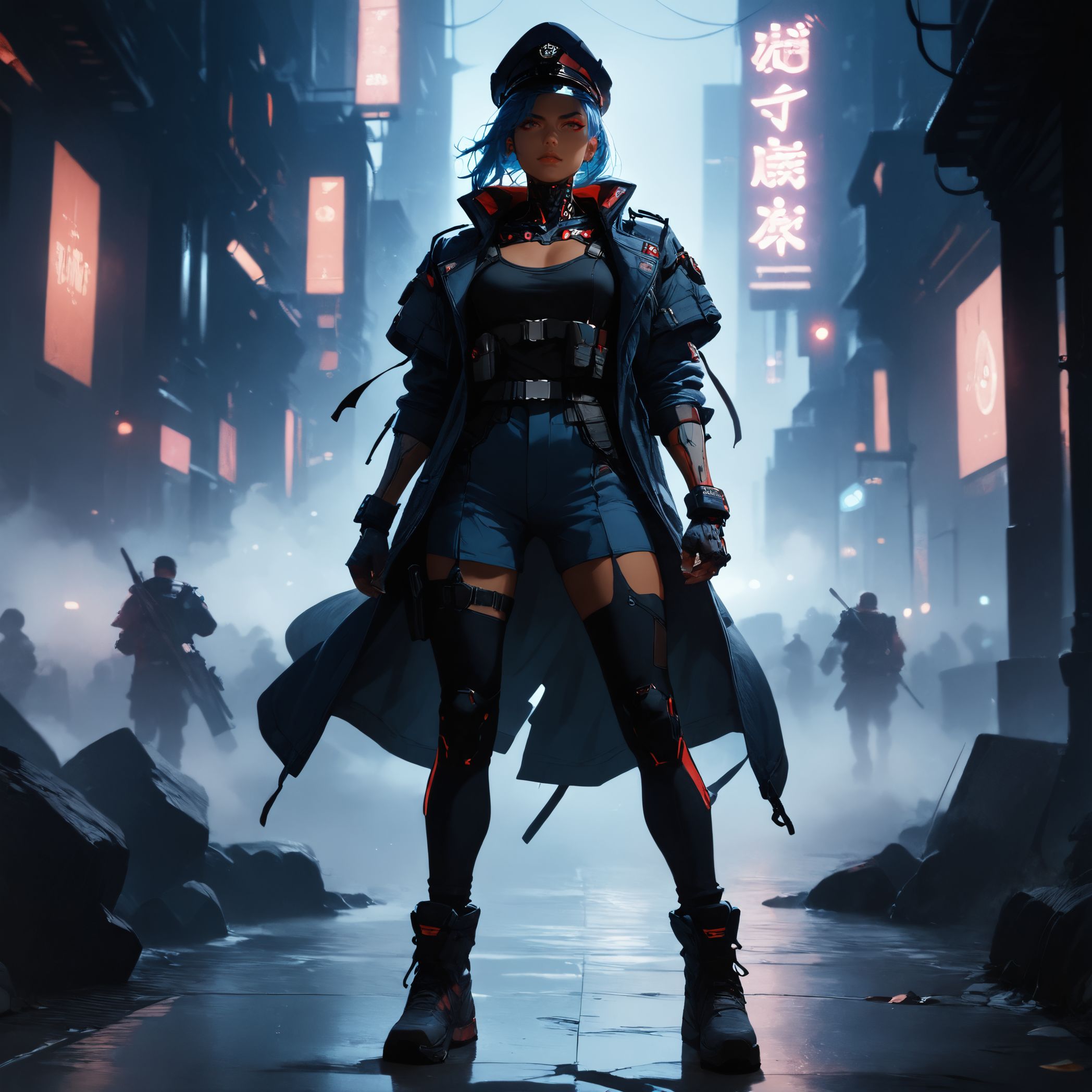 (score_9, score_8_up, score_7_up, masterpiece, , best quality, high quality, highres, cinematic shot, thick lineart, sharp edges, cel shading, linear hatching, neon lights, cyberpunk ctiy, panorama), BREAK dutch angle, full body, 1women, dark-skinned female, solo, long blue hair, red eyeliner, (cyborg, cybernetic neck, bionic torso, bionic skin:1), military uniform, tactical clothes, tactical bodysuite, military hat, short cape BREAK military soldiers in the background <lora:add-detail-xl:0.8> <lora:Perfect Hands:0.8> <lora:Concept Art Twilight Style SDXL_LoRA_Pony Diffusion V6 XL:0.8> <lora:Expressive_H:0.8> <lora:sinfully_stylish_SDKL:0.8> <lora:zavy-cntrst-sdxl:0.6>