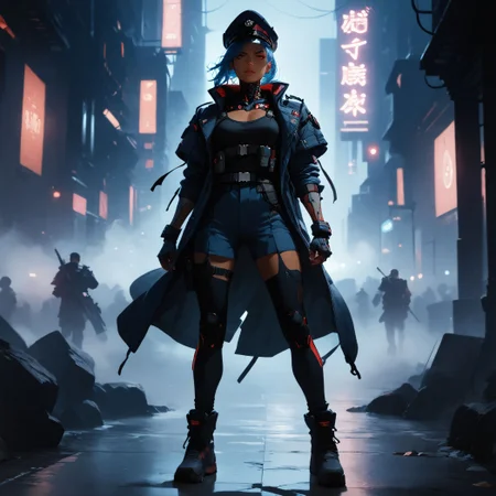 (score_9, score_8_up, score_7_up, masterpiece, , best quality, high quality, highres, cinematic shot, thick lineart, sharp edges, cel shading, linear hatching, neon lights, cyberpunk ctiy, panorama), BREAK dutch angle, full body, 1women, dark-skinned female, solo, long blue hair, red eyeliner, (cyborg, cybernetic neck, bionic torso, bionic skin:1), military uniform, tactical clothes, tactical bodysuite, military hat, short cape BREAK military soldiers in the background <lora:add-detail-xl:0.8> <lora:Perfect Hands:0.8> <lora:Concept Art Twilight Style SDXL_LoRA_Pony Diffusion V6 XL:0.8> <lora:Expressive_H:0.8> <lora:sinfully_stylish_SDKL:0.8> <lora:zavy-cntrst-sdxl:0.6>