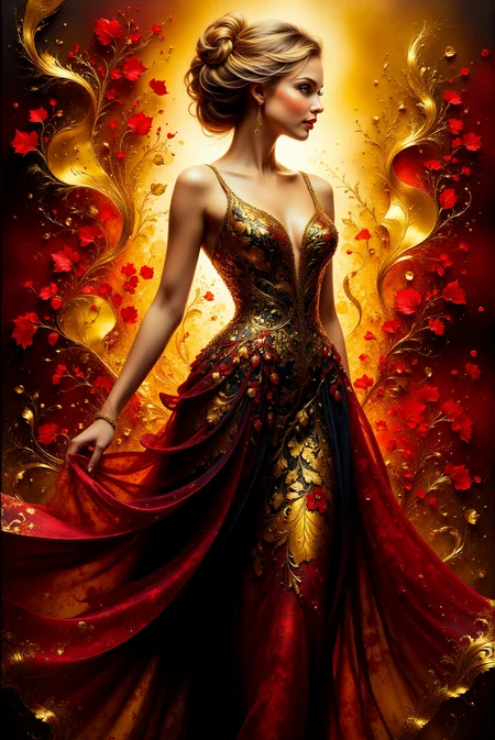 <lora:AISIL_style:1.0> AISIL style digital artwork with intricate and vibrant background.
A woman in a detailed and vibrant gown with intricate gold leaf patterns on a deep red and black fabric. Her pose is upright with a slight tilt to her body, emphasizing the dressâs flowing design. Her hair is styled in a loose updo with soft, wavy strands framing her face. The background features splashes of golden hues blending with fiery red flowers, giving the image a dynamic, flame-like effect. Lighting highlights her face and the reflective gold on her dress, adding depth and focus.