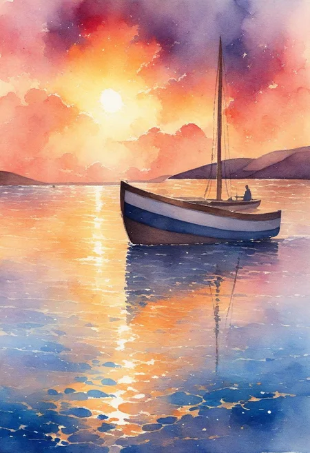 watercolor painting sunset, high tide, golden sand, calm sea, colored clouds, rays of light break through the clouds, in the reflection of light on the water, a sailing, boat is a fish, the sea shimmers with bright colors . vibrant, beautiful, painterly, detailed, textural, Artistic, style-hamunaptra