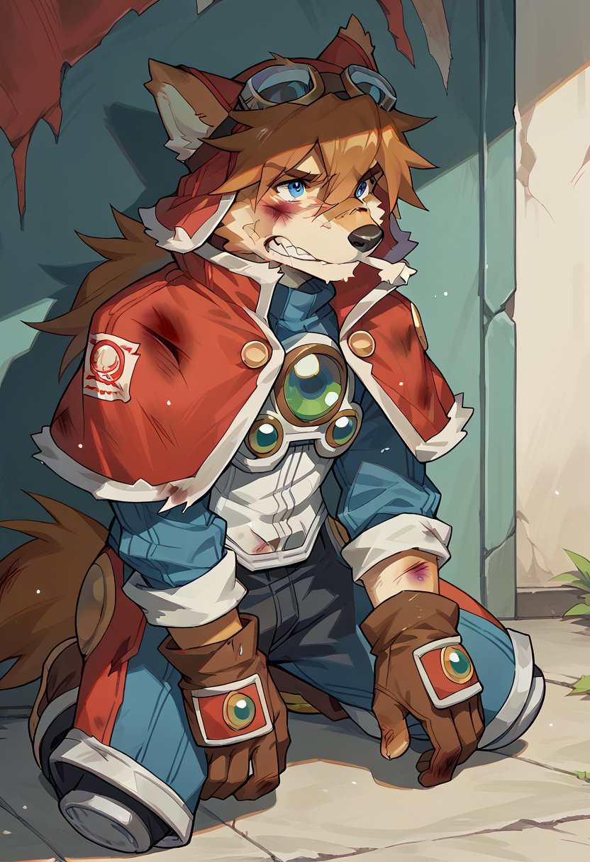 score_9, score_8_up, score_7_up, high res, best quality, red_savarin_solatorobo, furry, goggles, solo, 1boy, blue eyes, brown hair, capelet, gloves, injured, bruised, beaten up, kneeling, <lora:Red_Savarin_Solatorobo:1>