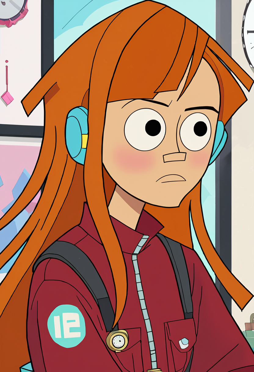 <lora:TwelveForever_Reggie_Pony:1.0>, reggie \(regular\), reggie, twelve forever, 1girl, solo, orange hair, long hair, black eyes, bangs, clock tower, masterpiece, best quality, score_9, score_8_up, score_7_up