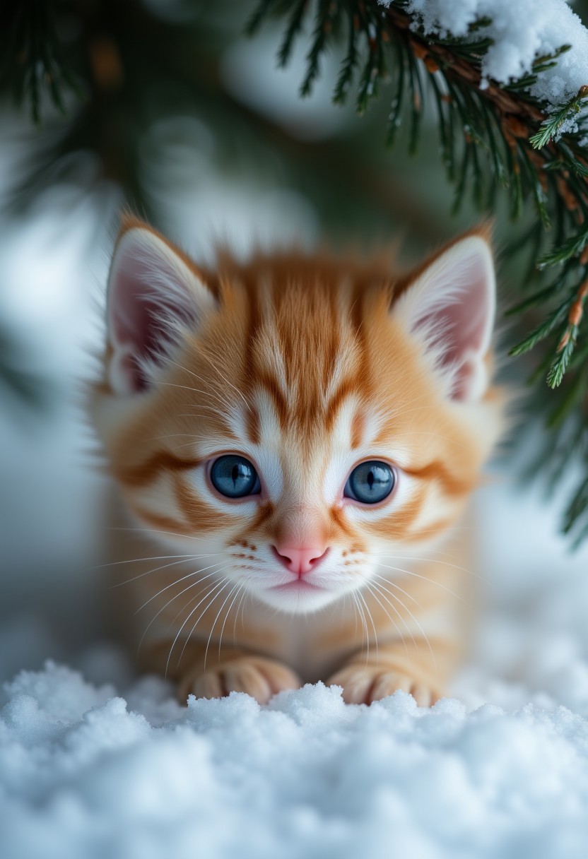 scottish fold kitten, professional photo, bottom-up view, under a spruce tree, in snow, high detail, close-up view, quantum rendering, masterpiece, ultra realistic, professional photo, aidmaimageupgrader