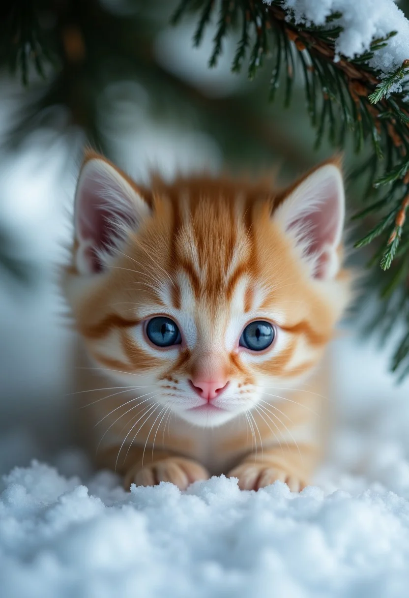 scottish fold kitten, professional photo, bottom-up view, under a spruce tree, in snow, high detail, close-up view, quantum rendering, masterpiece, ultra realistic, professional photo, aidmaimageupgrader