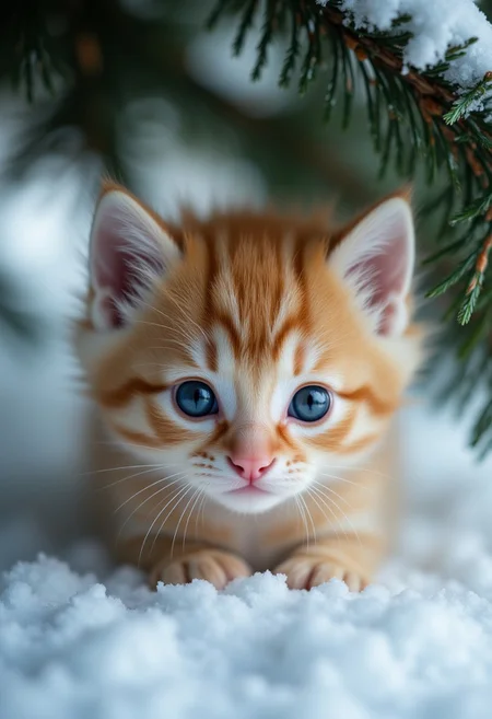 scottish fold kitten, professional photo, bottom-up view, under a spruce tree, in snow, high detail, close-up view, quantum rendering, masterpiece, ultra realistic, professional photo, aidmaimageupgrader