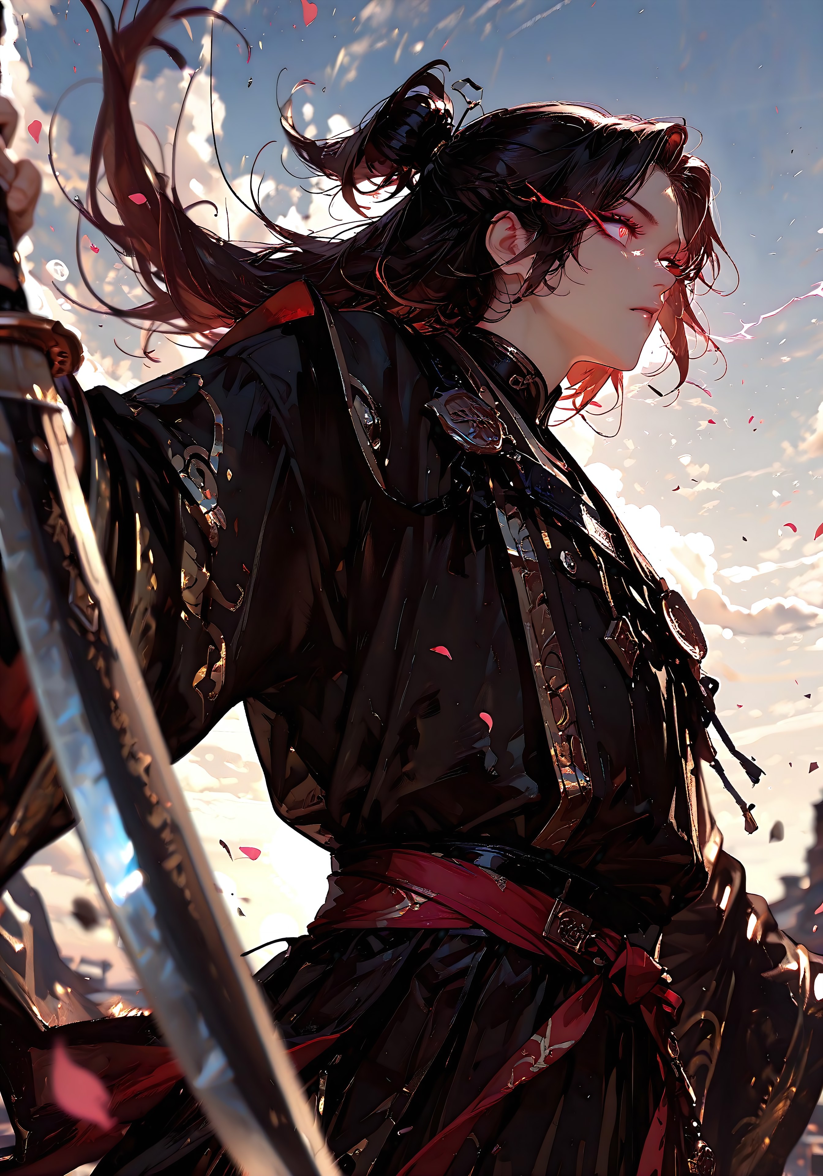 masterpiece, best quality, good quality, very aesthetic, absurdres, newest, 8K, depth of field, focused subject, visual storytelling, dynamic composition,
stylized, scenery, bokeh, blurred background, 
Black Myth Wukong, 1boy, solo, monkey king, Kael Vireon,
chinese mythology, (dynamic pose:1.3), eye-trails, fighting-stance, eye trail, zone-eyes, high speed motion, intense action shot, 
"dark glowing" black long knife,
upper body focus,
storm aura, divine energy, long flowing sash, ancient armor, windblown hair, dramatic sky, celestial clouds, mythic scale, sakura petals, cinematic composition, backlighting, volumetric light, storytelling scene, symbolic environment, god-tier illustration,(sketch:1.3), in the style of cksc, 