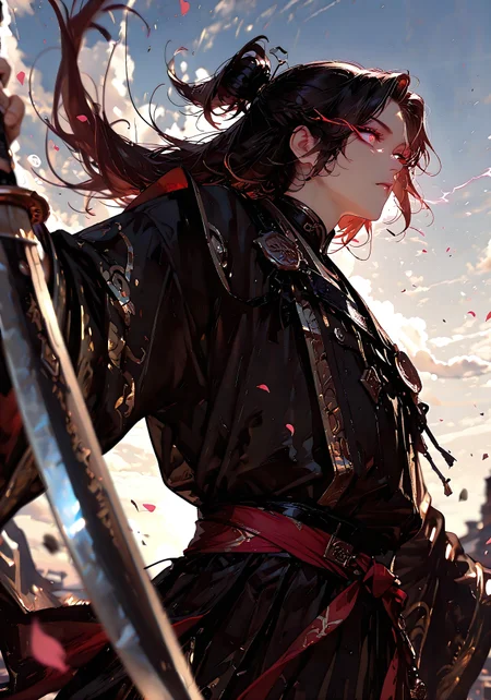 masterpiece, best quality, good quality, very aesthetic, absurdres, newest, 8K, depth of field, focused subject, visual storytelling, dynamic composition,
stylized, scenery, bokeh, blurred background,
Black Myth Wukong, 1boy, solo, monkey king, Kael Vireon,
chinese mythology, (dynamic pose:1.3), eye-trails, fighting-stance, eye trail, zone-eyes, high speed motion, intense action shot,
"dark glowing" black long knife,
upper body focus,
storm aura, divine energy, long flowing sash, ancient armor, windblown hair, dramatic sky, celestial clouds, mythic scale, sakura petals, cinematic composition, backlighting, volumetric light, storytelling scene, symbolic environment, god-tier illustration,(sketch:1.3), in the style of cksc,