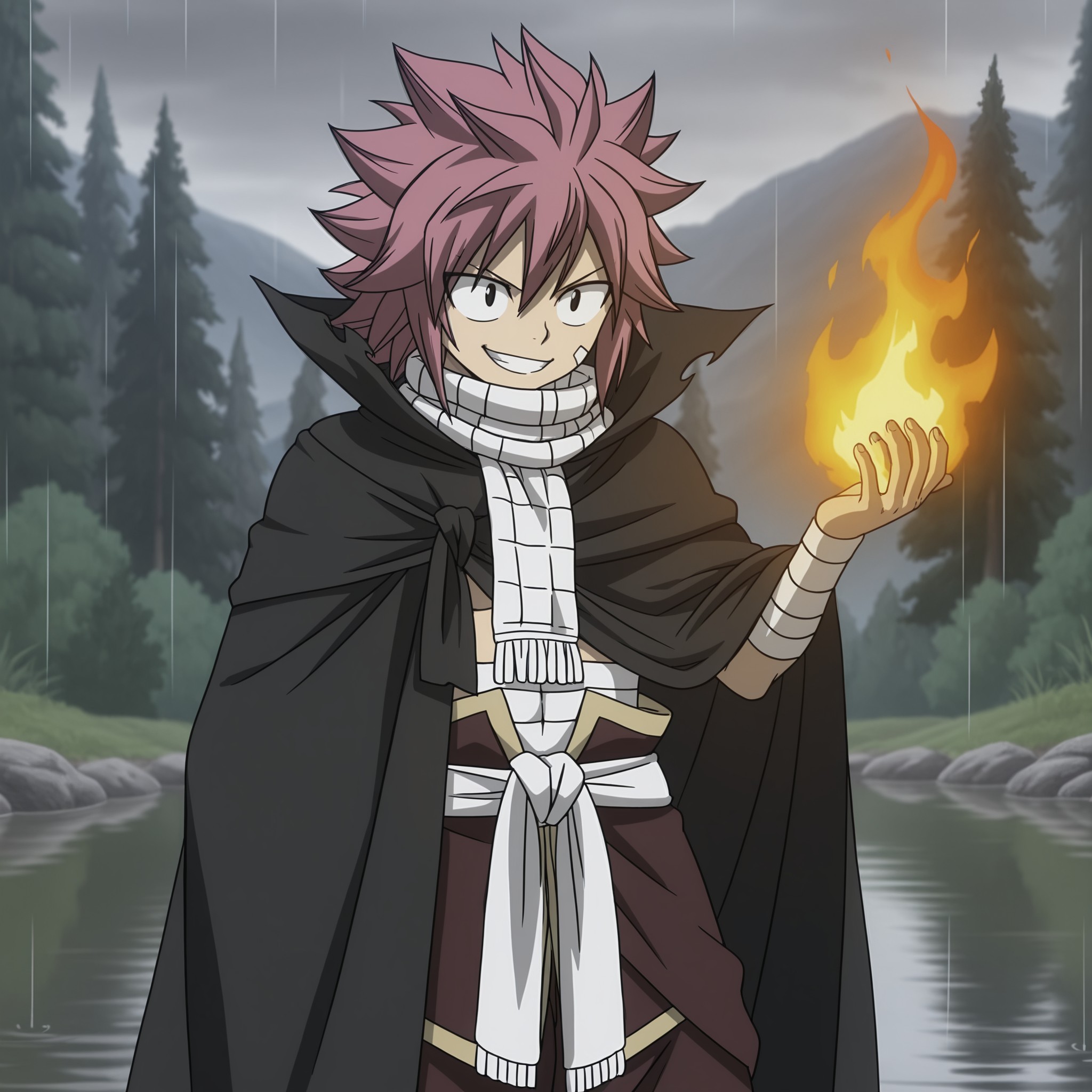 masterpiece, best quality, amazing quality, (masterpiece, best quality, absurdres, detailed,perfect quality, amazing quality, newest, ultra-detailed:1.2), extremely detailed, distortion-free, illustration, (smooth lines,),natsu Dragneel, spiked hair,medium hair, bangs, hair between the eyes, onyx eyes, pink hair,muscular_body, shinny body, shinny skin, anime screencap, anime coloring,white_scarf, bandages, cloak, white_sash,brown_pants, black_cape,hood, Relaxed posture, one hand up, fire magic, smiling,1man, solo, Forest, water, rain, steam, <lora:fee177c7-4bec-4fe0-ba18-5056ebecc1fa:0.7>