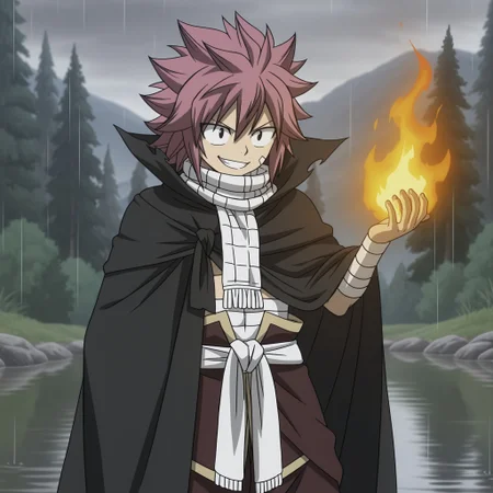 masterpiece, best quality, amazing quality, (masterpiece, best quality, absurdres, detailed,perfect quality, amazing quality, newest, ultra-detailed:1.2), extremely detailed, distortion-free, illustration, (smooth lines,),natsu Dragneel, spiked hair,medium hair, bangs, hair between the eyes, onyx eyes, pink hair,muscular_body, shinny body, shinny skin, anime screencap, anime coloring,white_scarf, bandages, cloak, white_sash,brown_pants, black_cape,hood, Relaxed posture, one hand up, fire magic, smiling,1man, solo, Forest, water, rain, steam, <lora:fee177c7-4bec-4fe0-ba18-5056ebecc1fa:0.7>