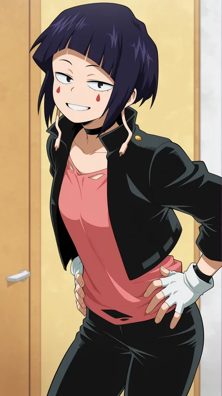 masterpiece, best quality, absurdres, amazing quality, 1girl, solo, <lora:IlluJirou:1> illujiro, short hair, bangs, long earlobes, purple hair, black hair, black eyes, facial mark, black jacket, collarbone, choker, white gloves, fingerless gloves, pants, pink shirt, looking at viewer, grin, hands on own hips,