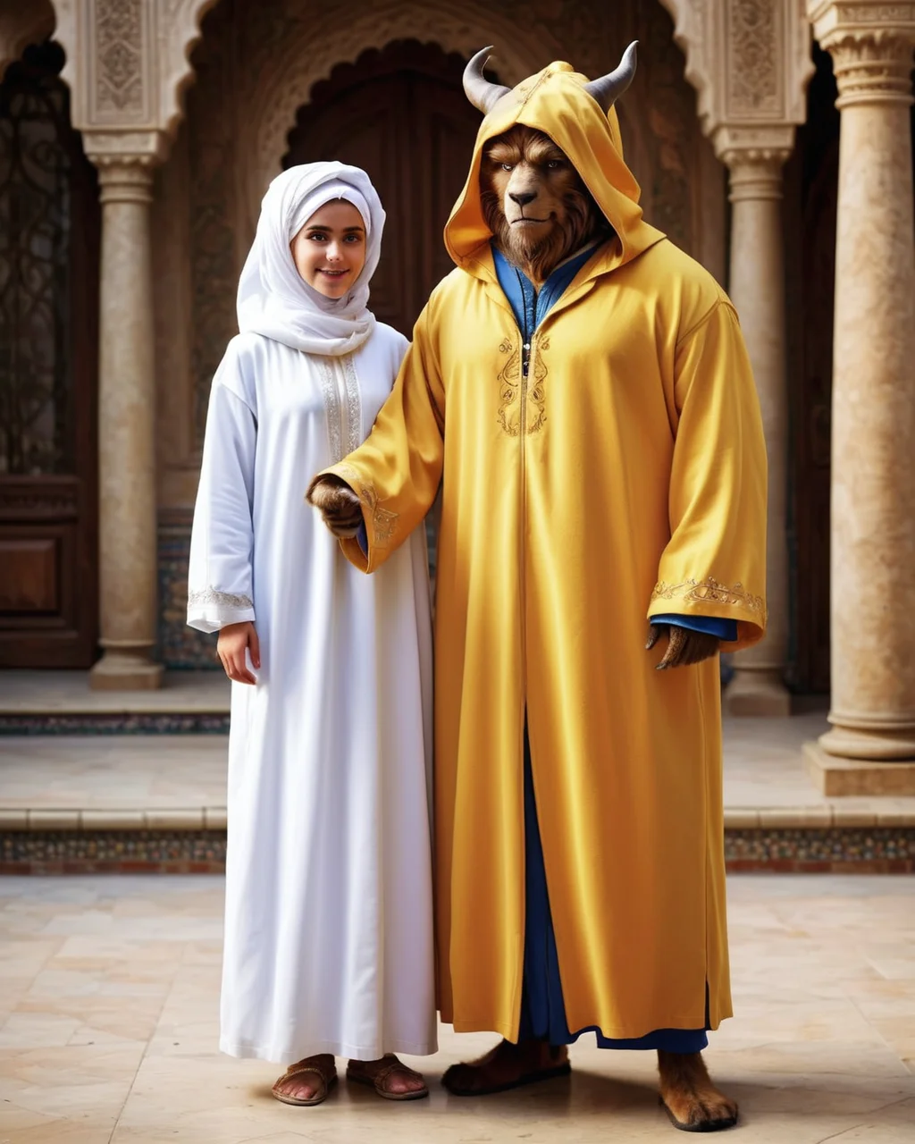 The Beast (Beauty and the Beast) wearing djellaba, <lora:AJLABIY:0.7> jlby-xl