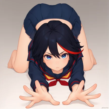 (score_9, score_8_up, score_7_up, masterpiece, best quality, extremely detailed face, perfect lighting,)1girl, solo, matoi ryuuko, school uniform, black serafuku, suspender skirt,  small breasts, blue eyes, looking at viewer,  black hair, red hair, streaked hair, 
 <lora:Matoi_RyuukoSDXL:1>,  <lora:XL_guixiaqianning(pony):0.8> guixiaqianning pose,top-down bottom-up,outstretched arms,full body