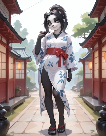 masterpiece, best quality, very aesthetic, absurdres,
outdoors, yukata,
standing, posing,
full body, seductive smile, parted lips, long eyelashes,
<lora:Li Li_v01_ILXL:1> L1L1,1girl,solo,furry female,panda ears,black hair,long hair,ponytail,green eyes,animal nose,body fur,two tone fur,black fur,white fur